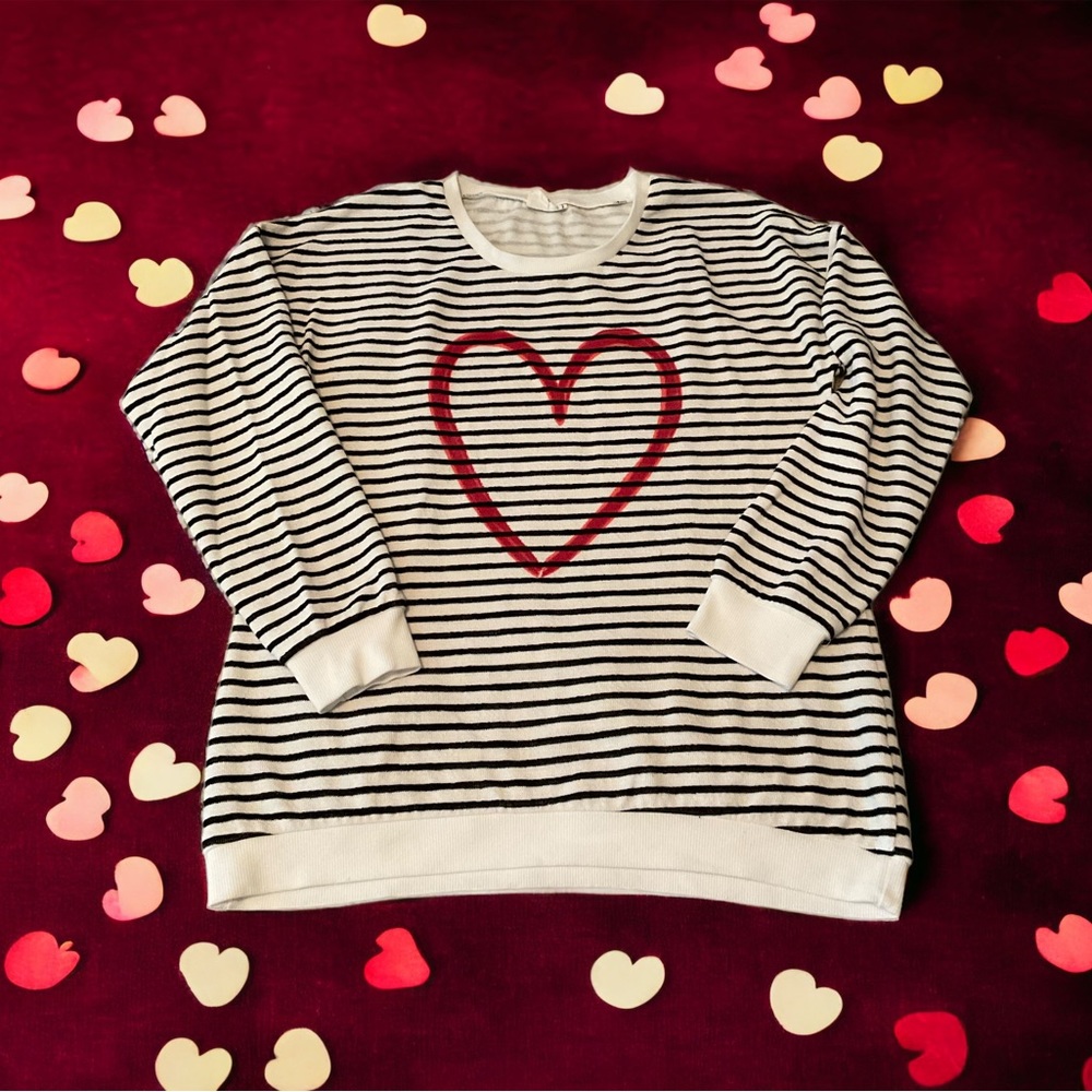 White Sweater with Black Stripes and Heart